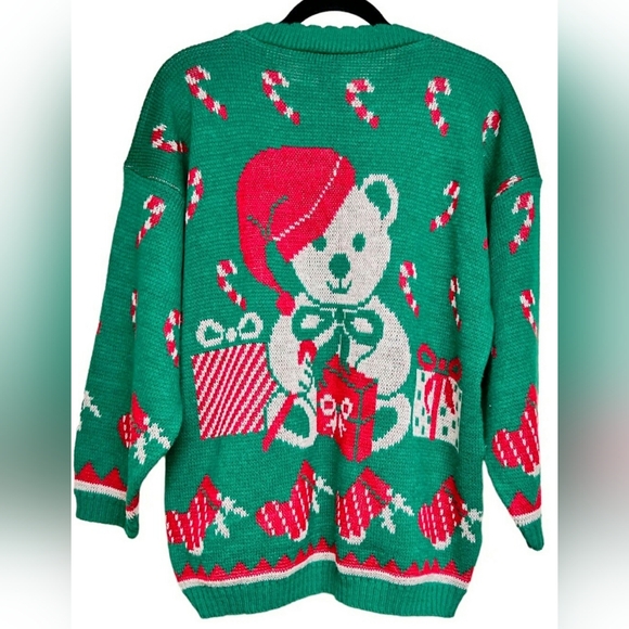 Vintage Nutcracker Holiday Green, Tan & Red Teddy Bear Ugly Christmas Sweater - Picture 2 of 12